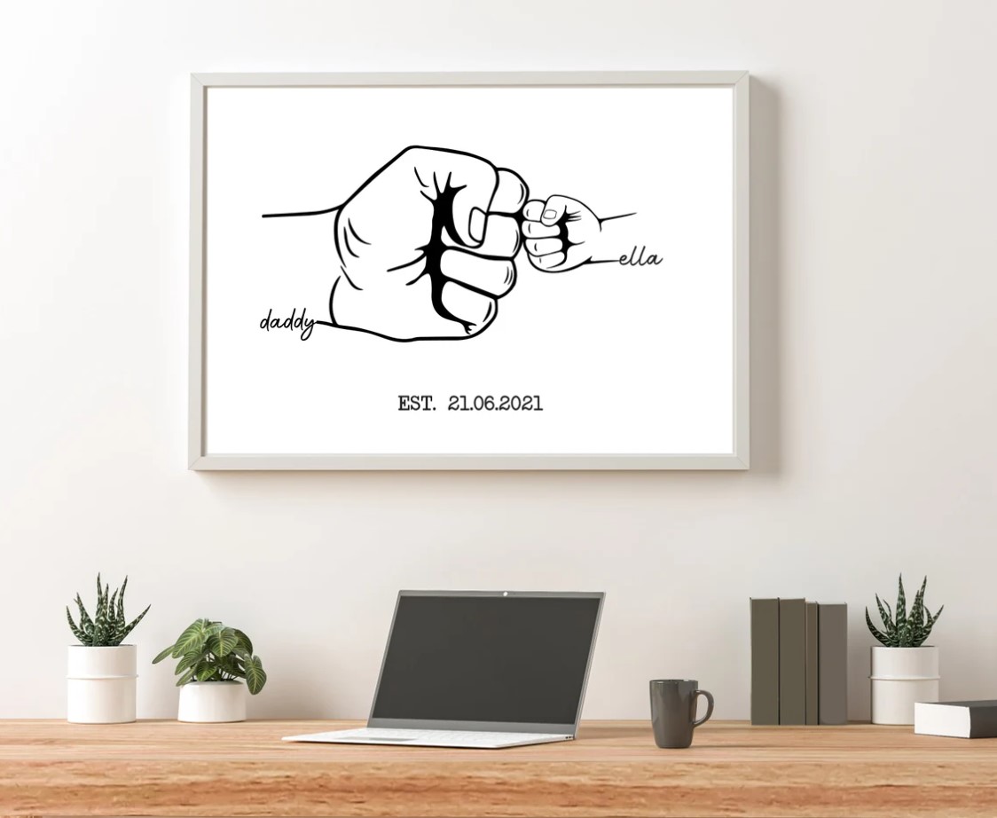 Personalized Hand Drawn Poster Canvas Father And Kid Poster With Custom Name Fathers Day Gift First Fathers Day Gifts For Dad Grandad Custom New Dad Gift